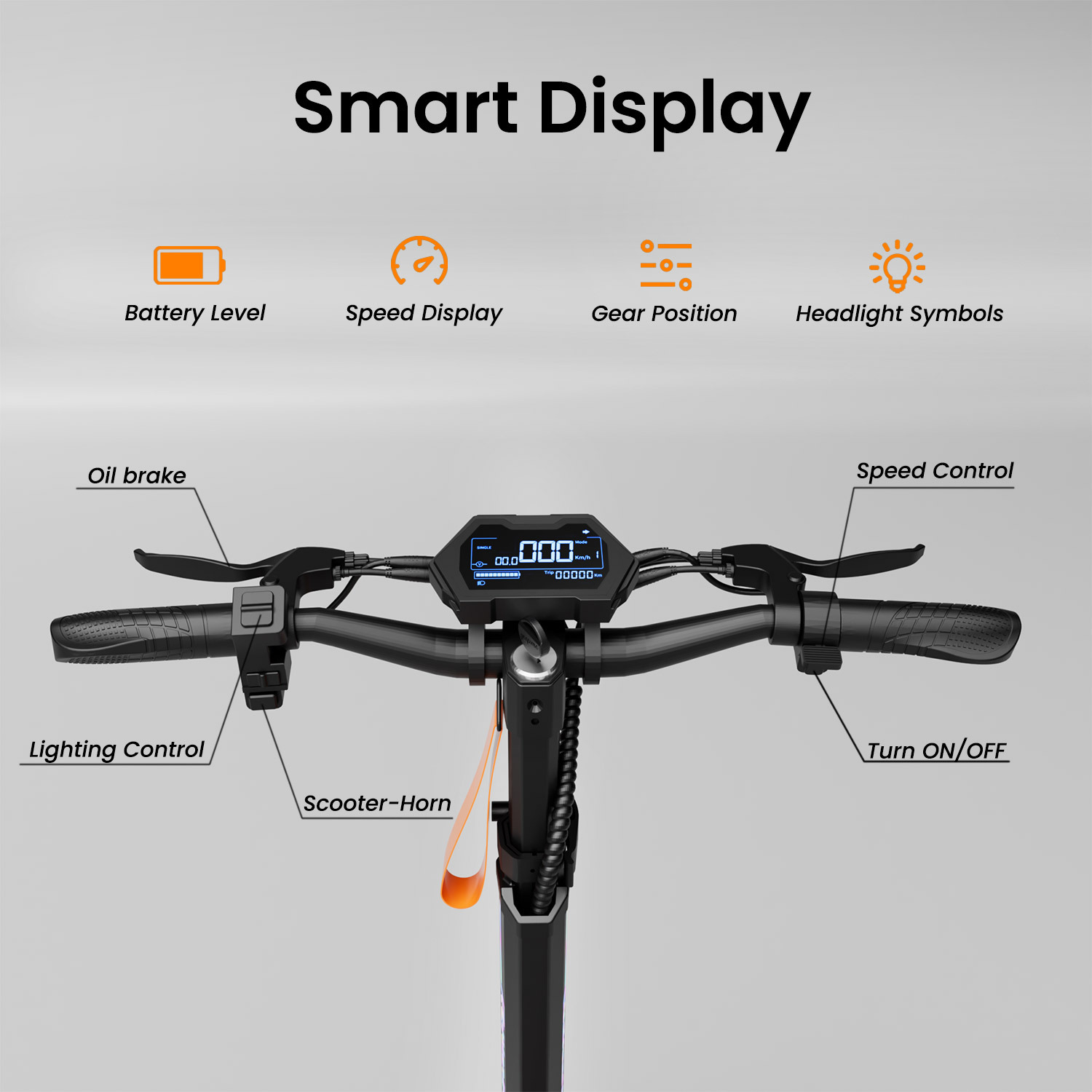 Kierownica hulajnogi elektrycznej z wyświetlaczem, hamulcami i kontrolkami.