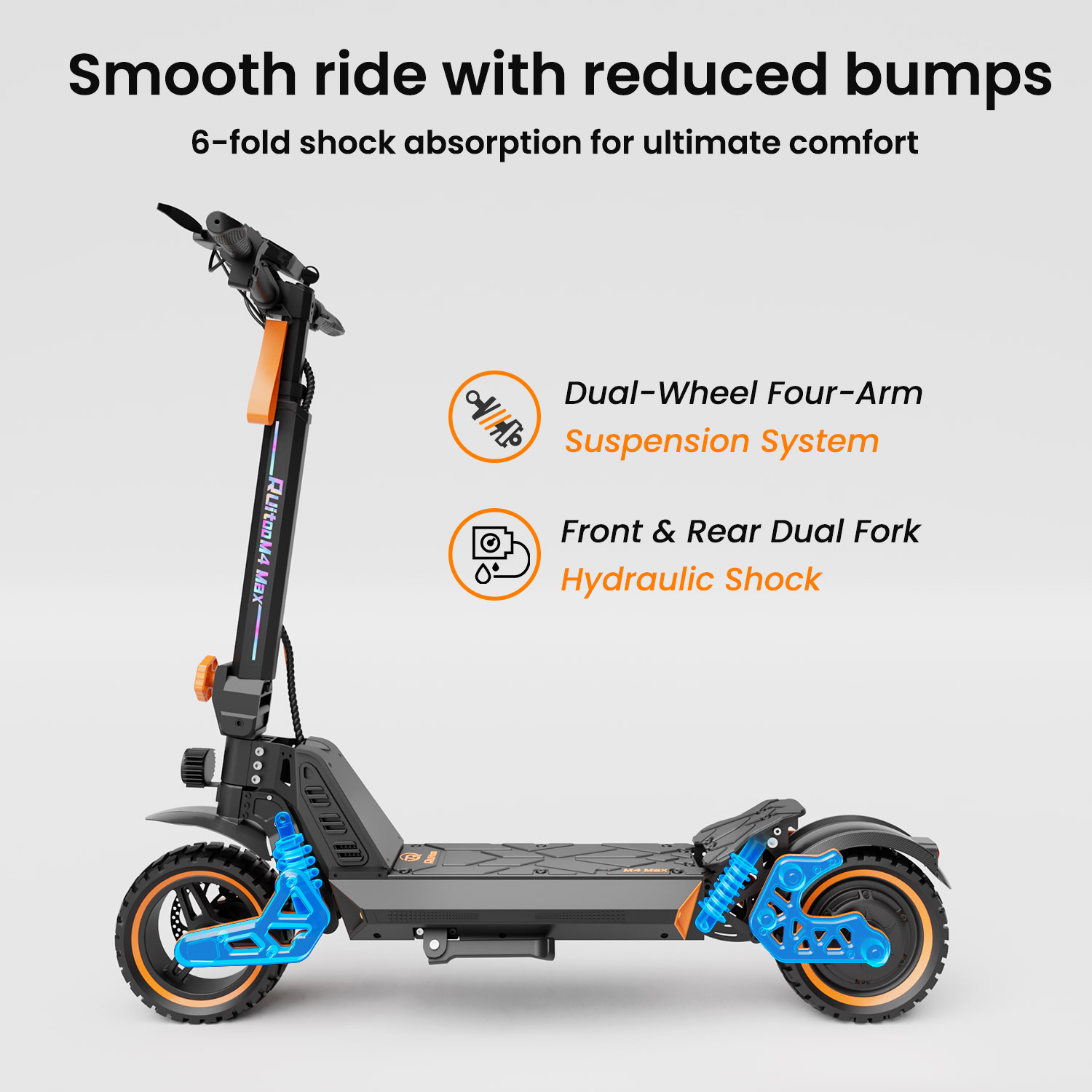 Czarny skuter elektryczny z niebieskimi amortyzatorami i pomarańczowymi akcentami.