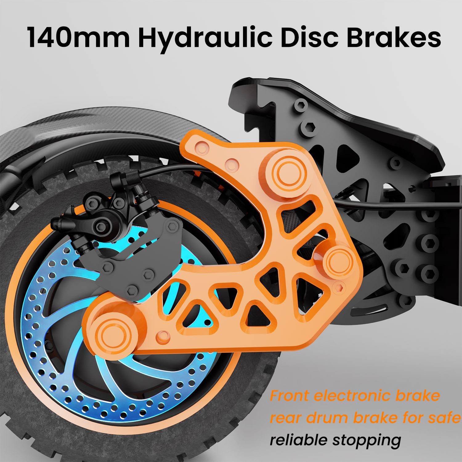 Pomarańczowy element hamulcowy hulajnogi z hamulcami tarczowymi i oponą.