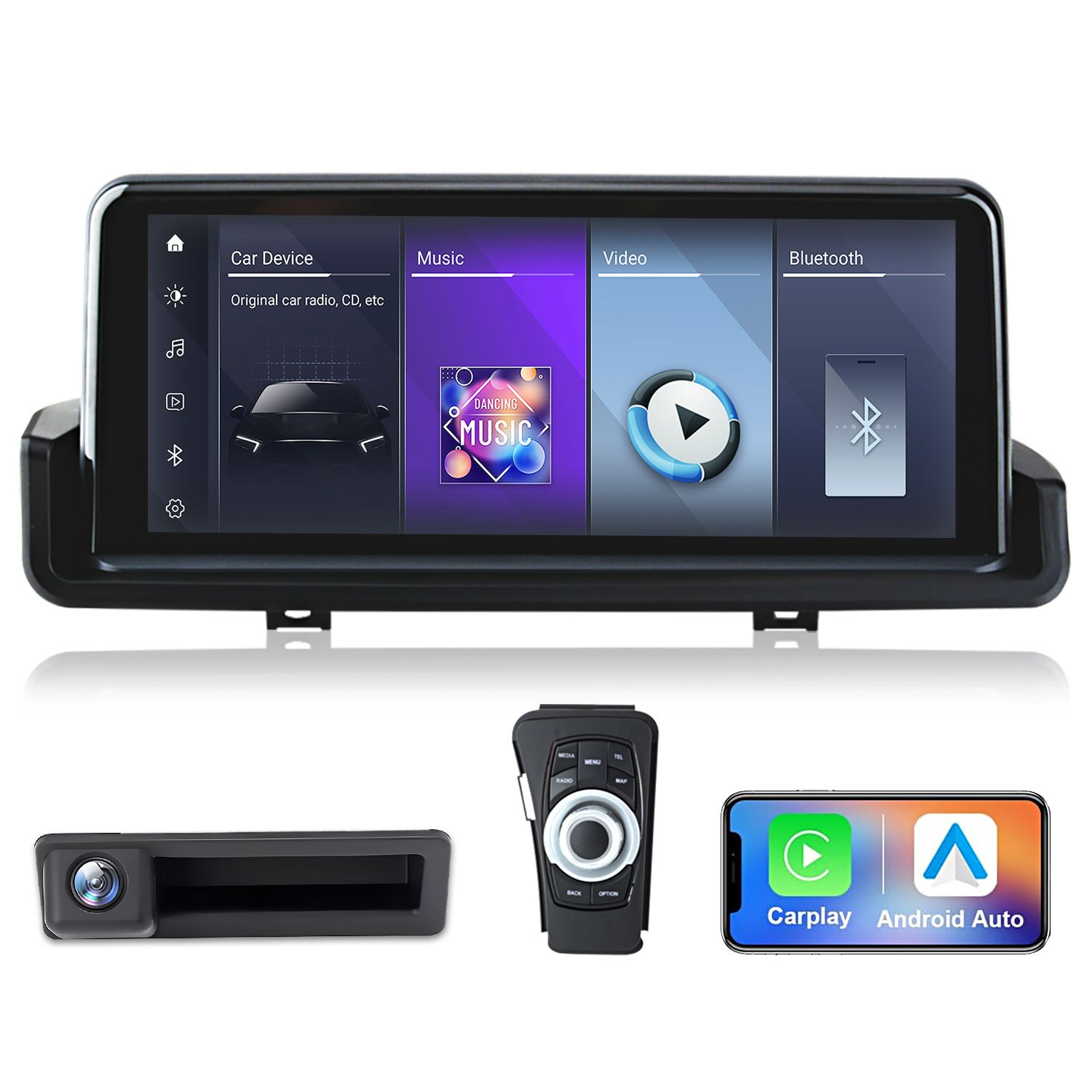 Ein Auto-Infotainmentsystem mit Musik-, Video- und Bluetooth-Optionen.
