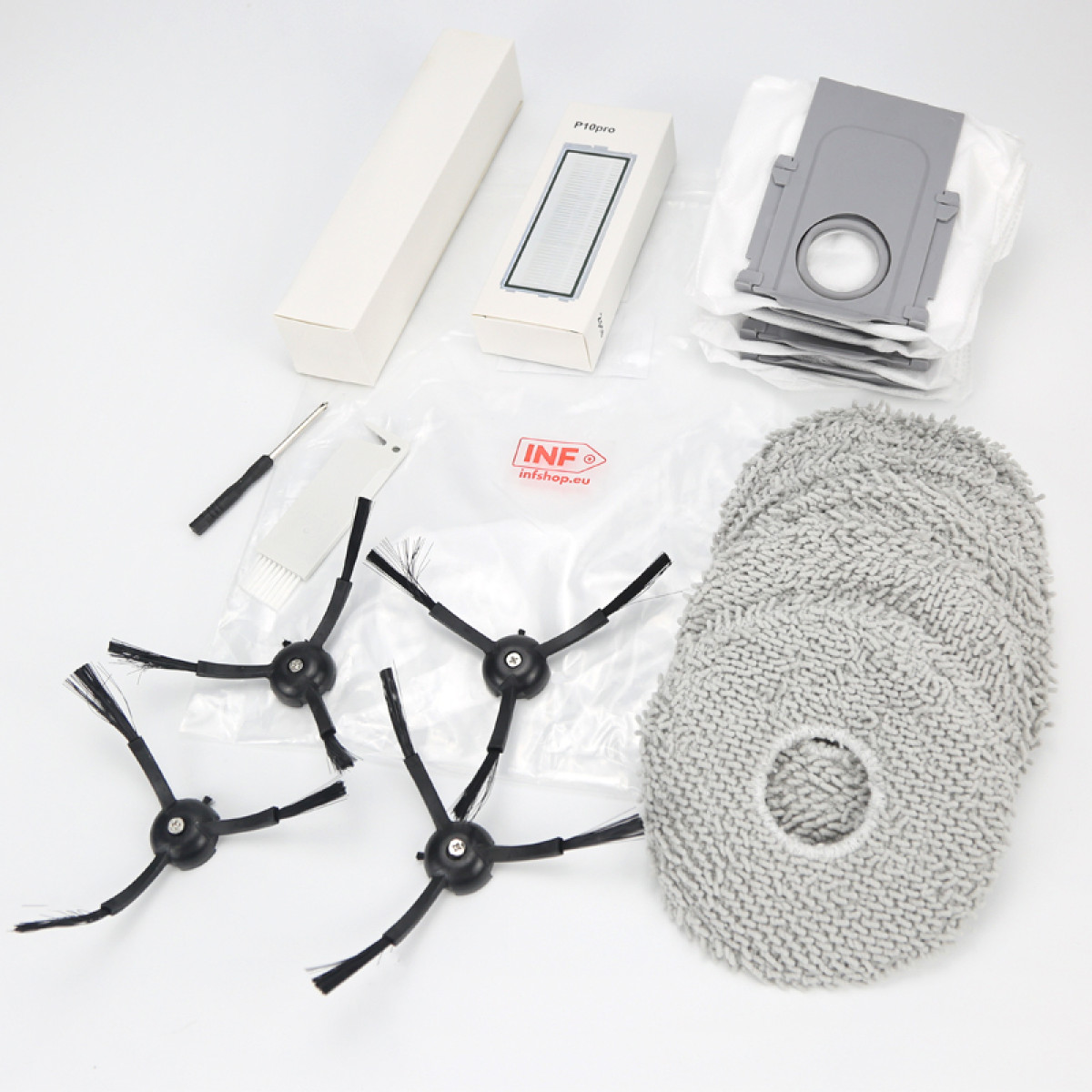 Akcesoria do robotów sprzątających: szczotki, filtr, worki i nakładki.