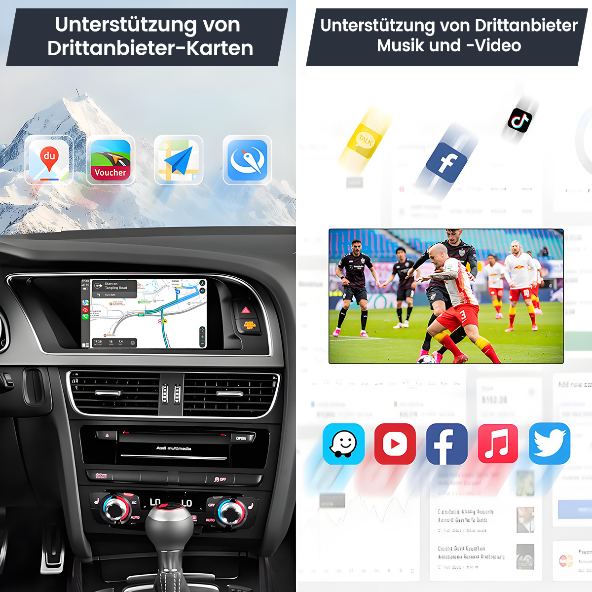 Auto-Navi mit Karten und App-Icons, Fußballspiel und Social-Media-Logos.