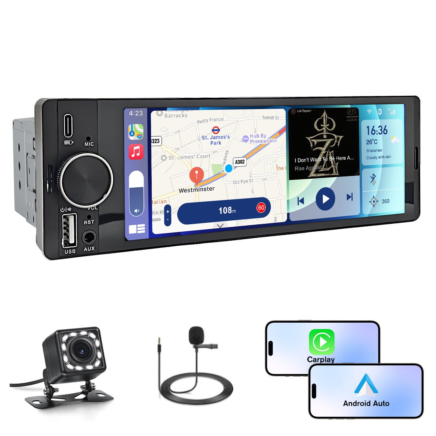Autoradio mit Touchscreen, Rückfahrkamera, Mikrofon und Smartphone-Integration.