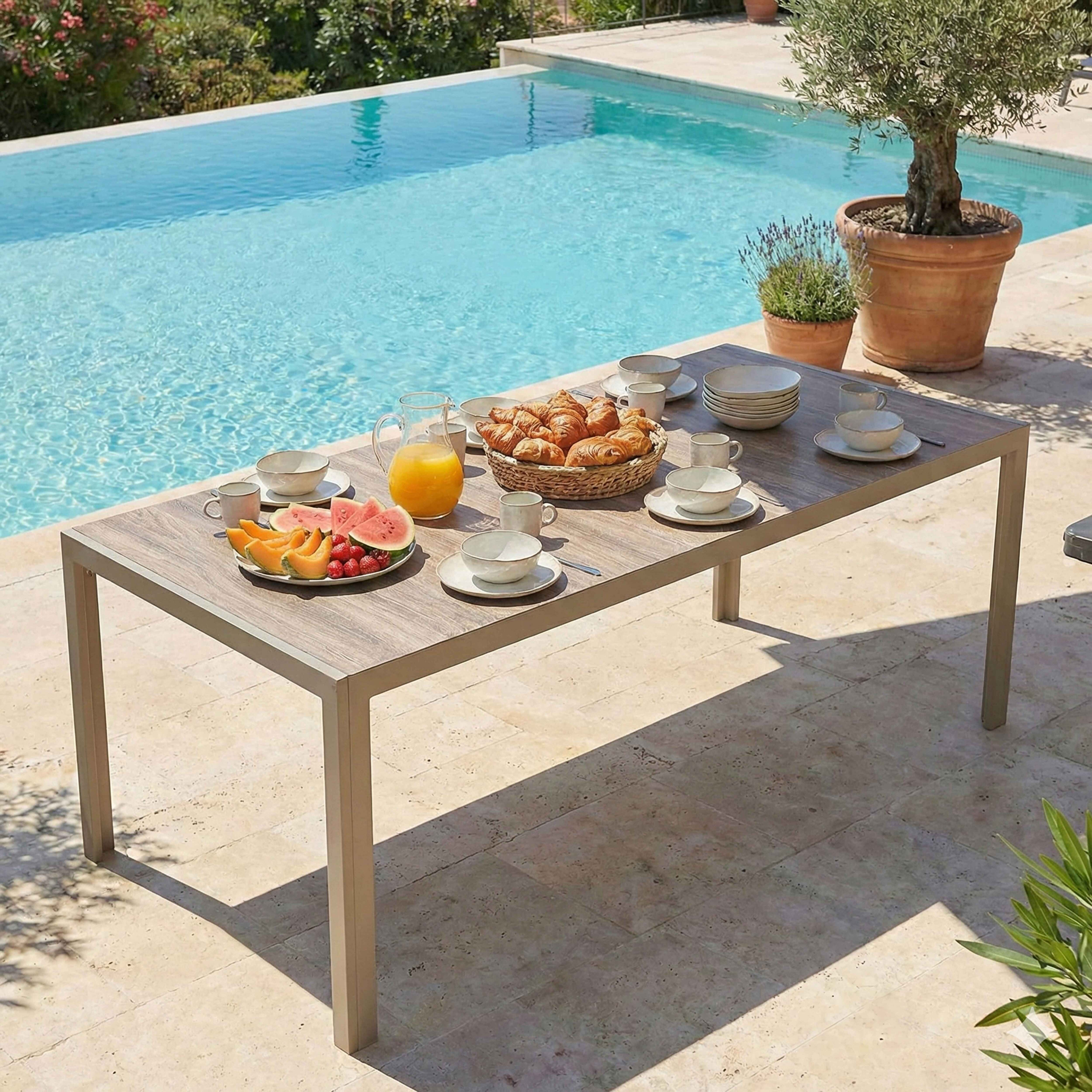 Frühstückstisch mit Croissants, Obst und Saft neben einem Pool.