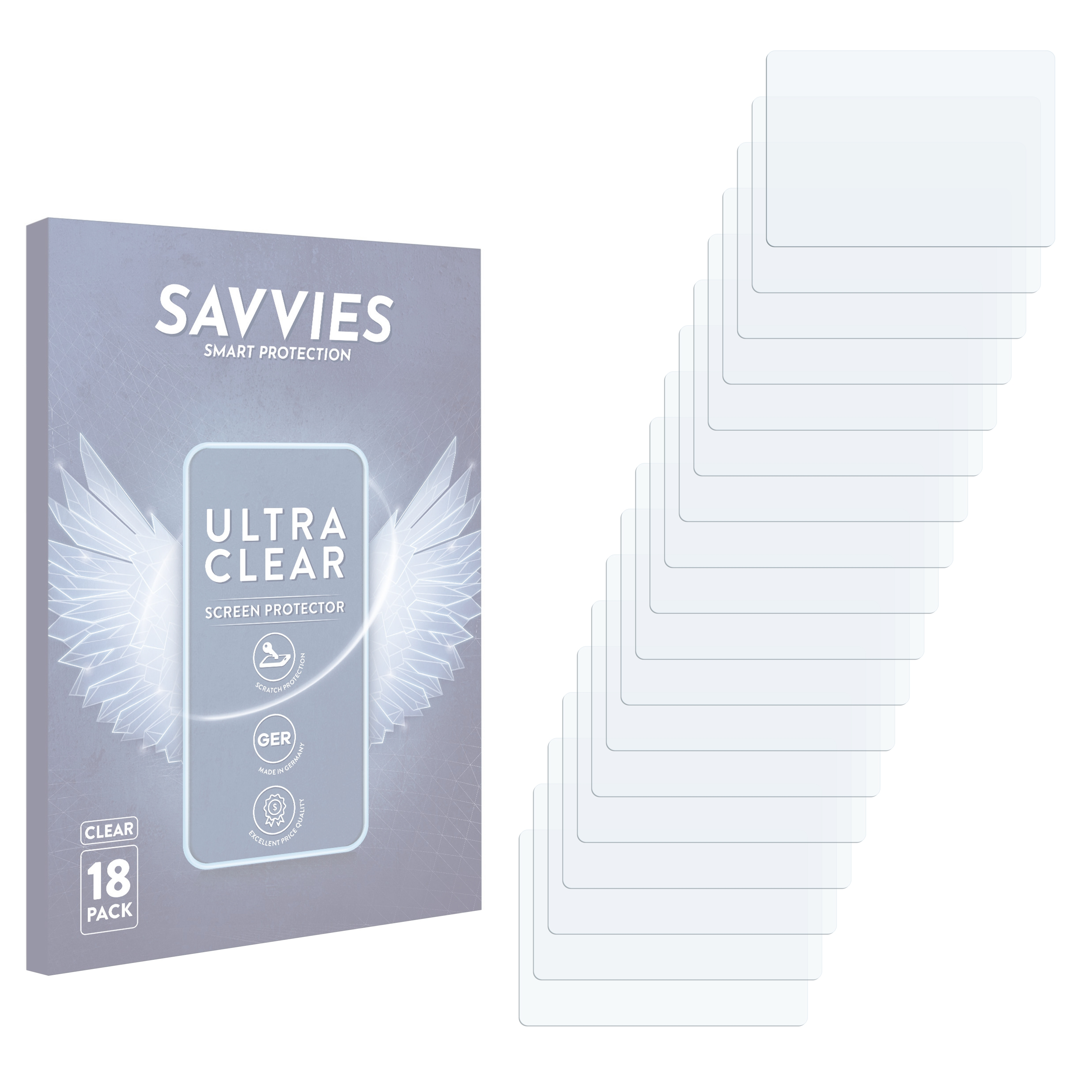Verpackung für 18 Displayschutzfolien, mit Produktname und Symbolen.