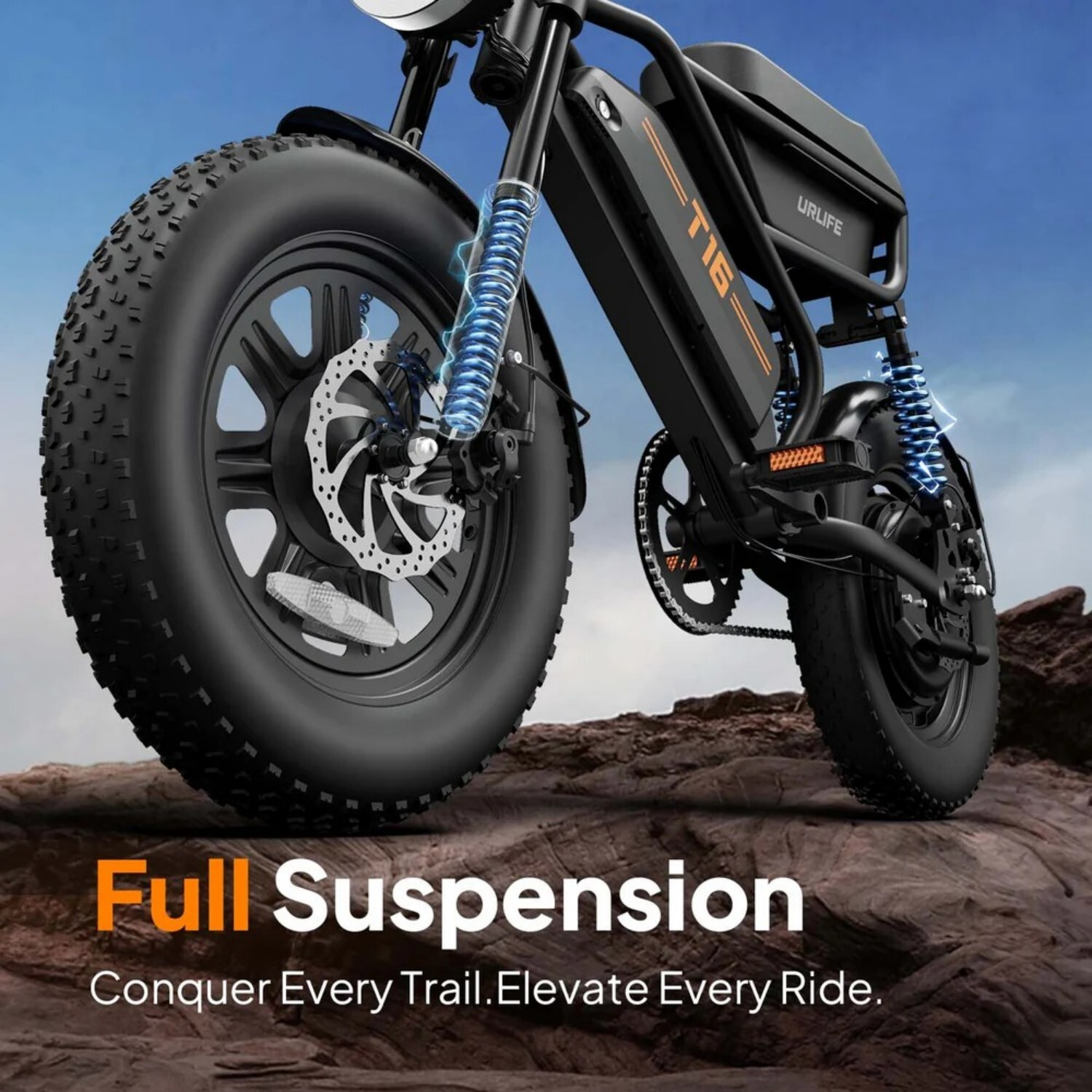 Czarny rower elektryczny z grubymi oponami, pełne zawieszenie.