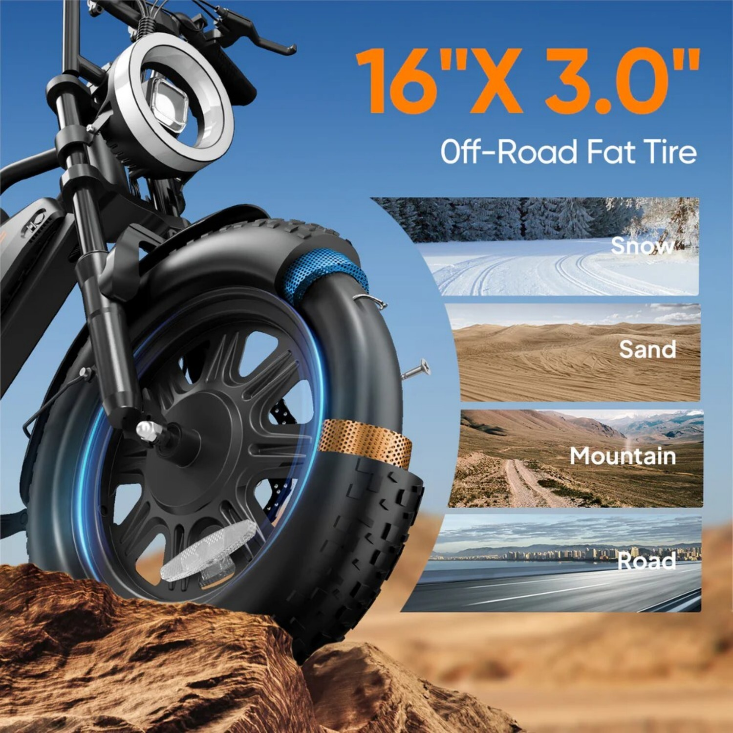 Zbliżenie koła roweru elektrycznego z grubą oponą na piasku, z tekstem i obrazami śniegu, piasku, góry, drogi.