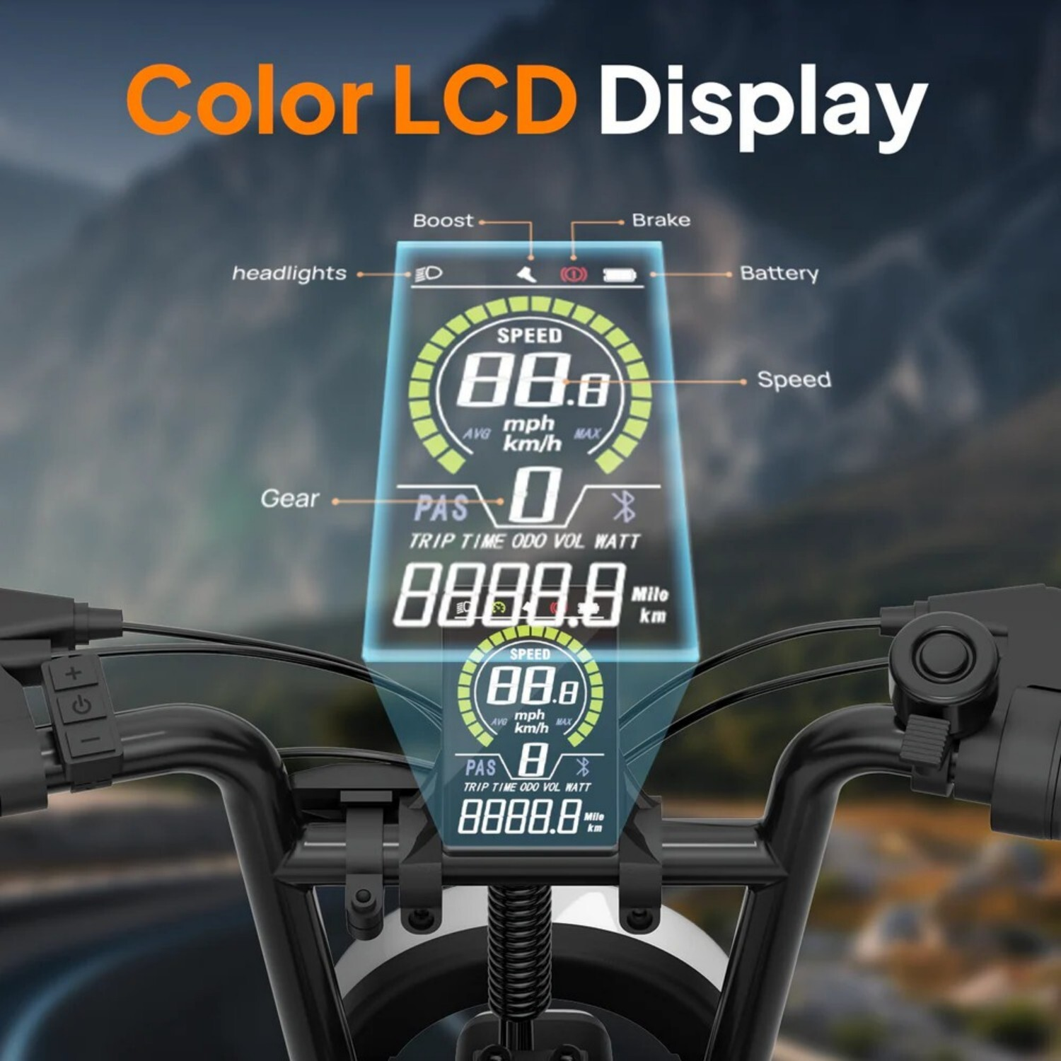 Wyświetlacz rowerowy pokazujący prędkość, bieg, baterię i inne.