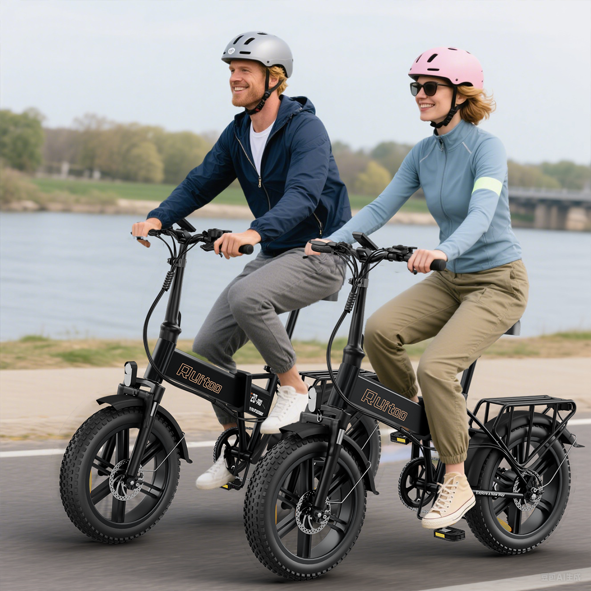 Mężczyzna i kobieta jadą obok siebie na rowerach elektrycznych ścieżką nad wodą.