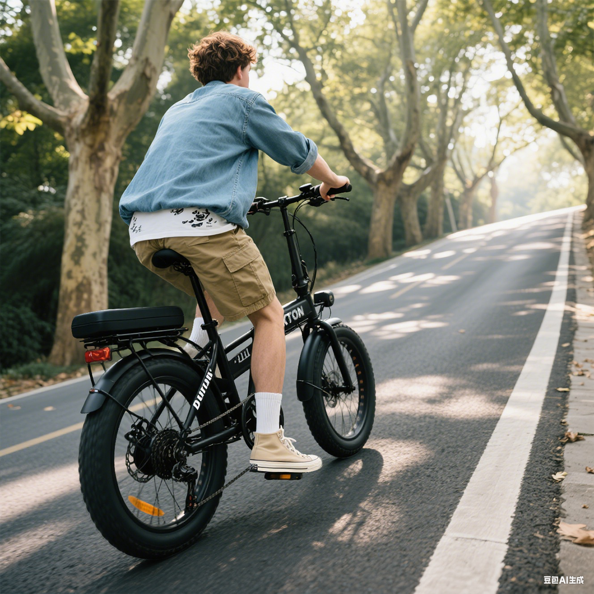 Mężczyzna jedzie czarnym rowerem elektrycznym po zadrzewionej drodze.