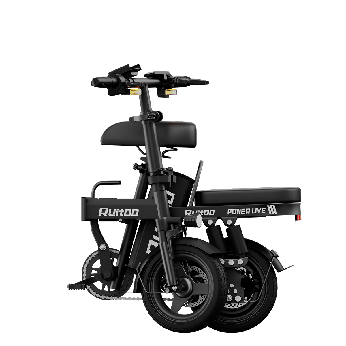 Czarny rower elektryczny z podwójnym siedzeniem i białym napisem.