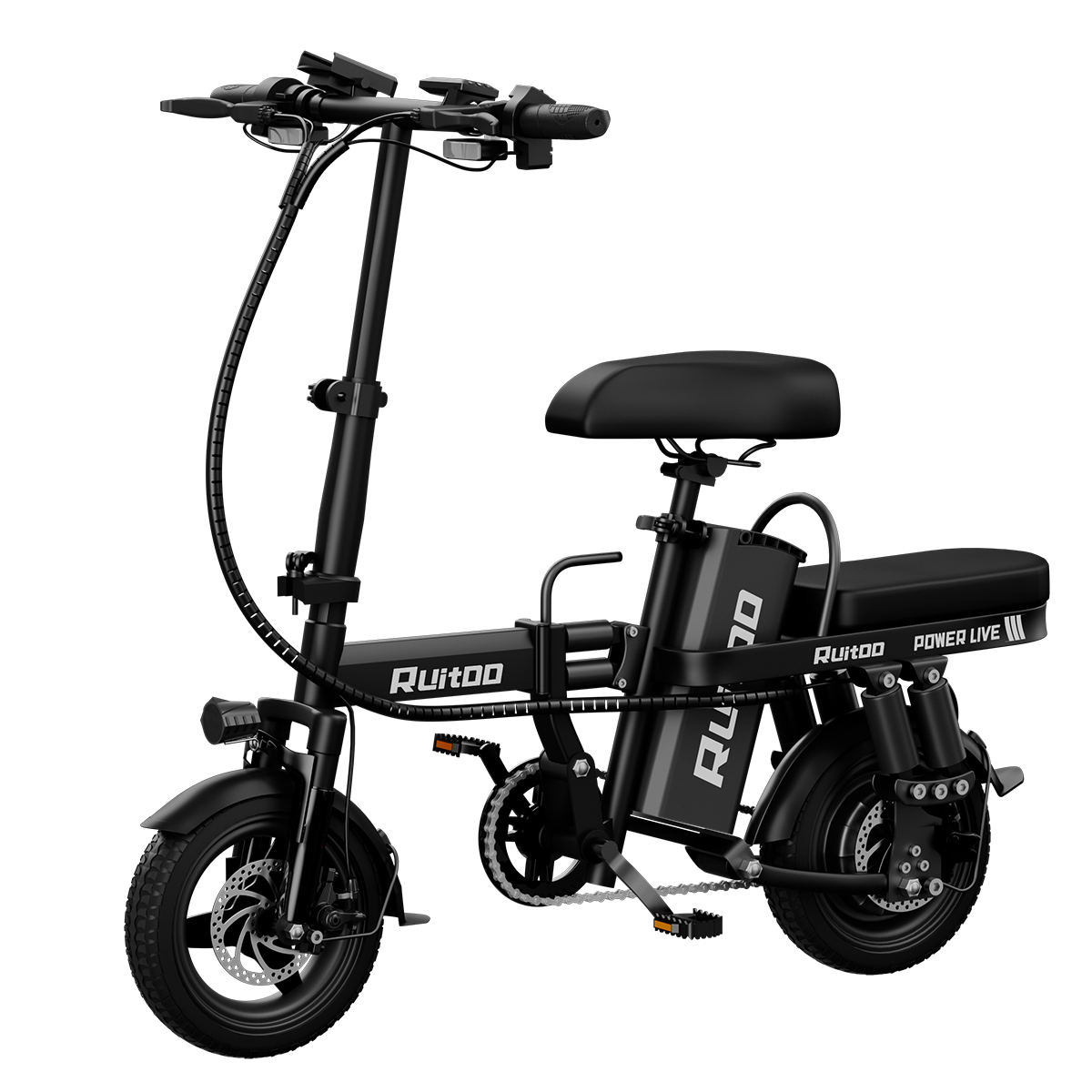 Czarny składany rower elektryczny z siedzeniem, kierownicą i kołami.