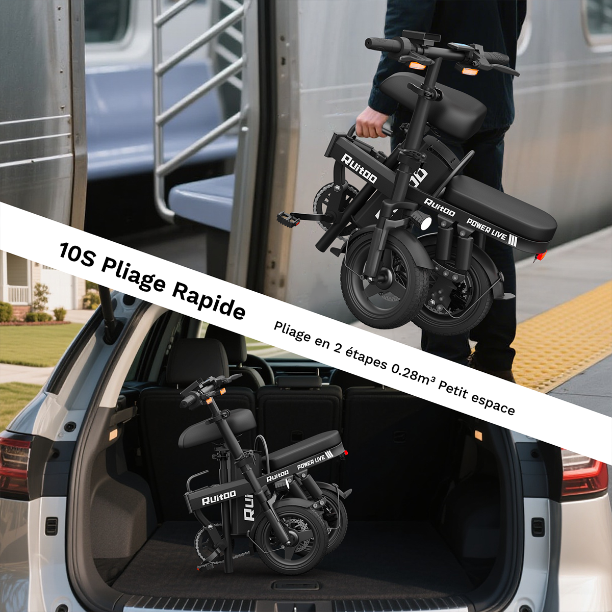 Mężczyzna niesie czarny składany rower elektryczny obok pociągu. Poniżej, w bagażniku.