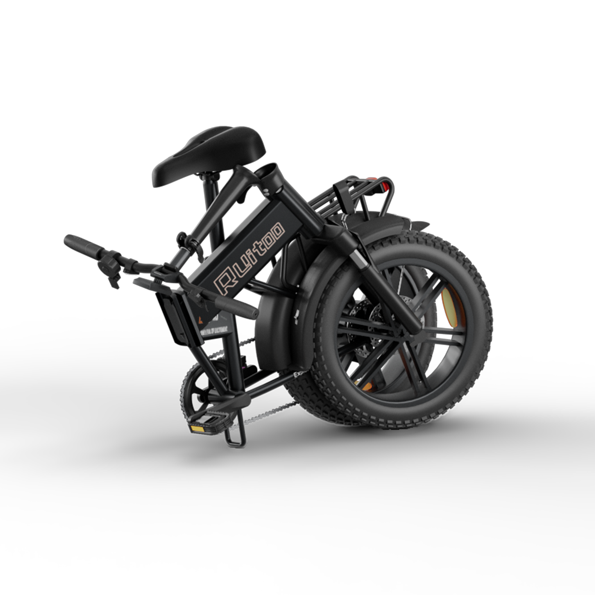 Czarny składany rower elektryczny z grubymi oponami i czerwonym światłem.