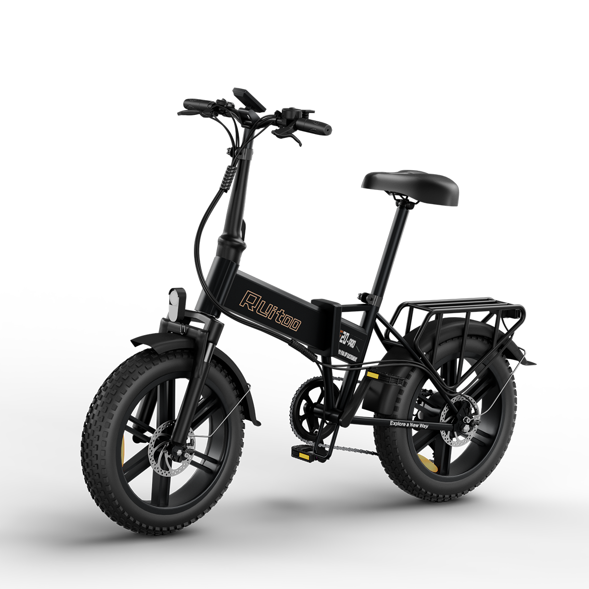Czarny składany rower elektryczny z bagażnikiem i grubymi oponami, na białym tle.