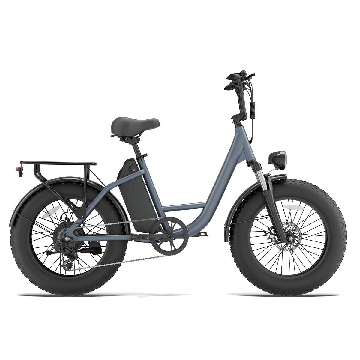Szary rower elektryczny z grubymi oponami, bagażnikiem i baterią.