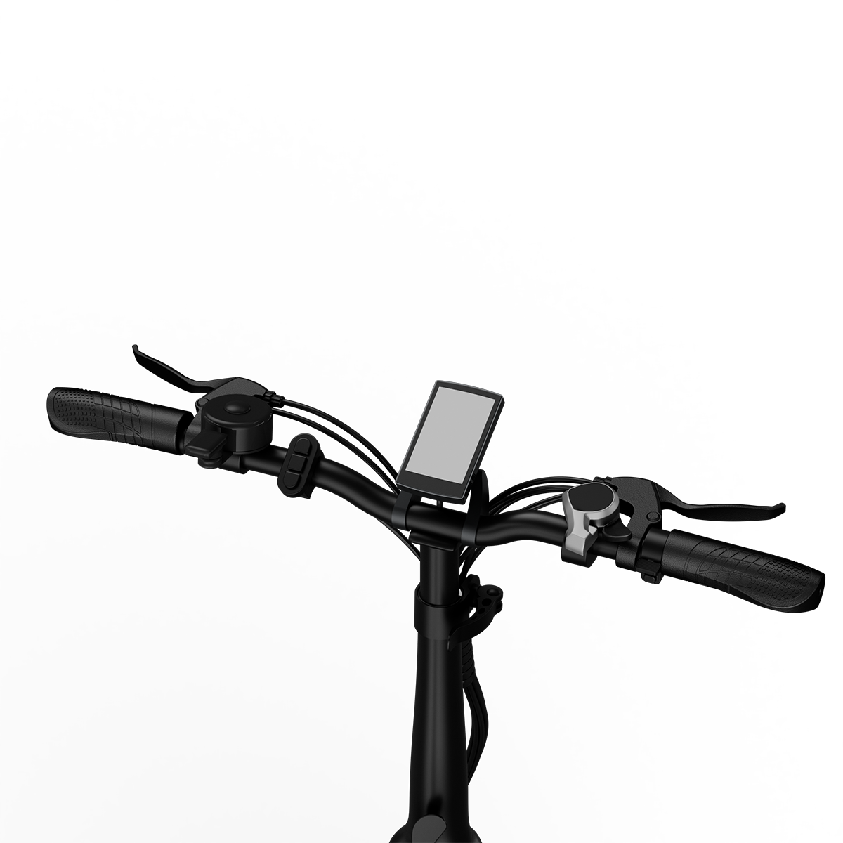 Kierownica roweru elektrycznego z wyświetlaczem, chwytami i hamulcami.