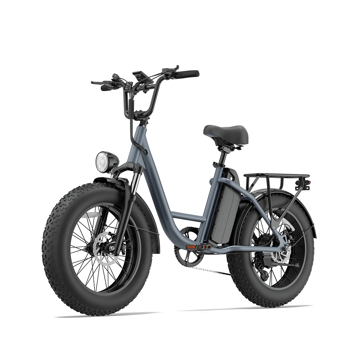 Szary rower elektryczny z grubymi oponami, bagażnikiem.