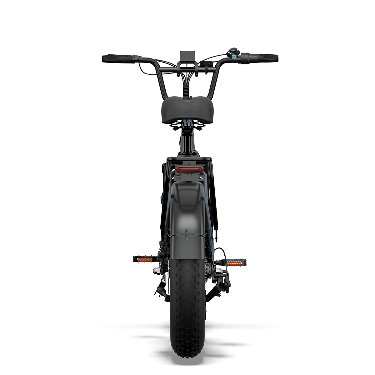 Widok z tyłu czarnego roweru elektrycznego z szerokimi oponami, kierownicą i siodełkiem.