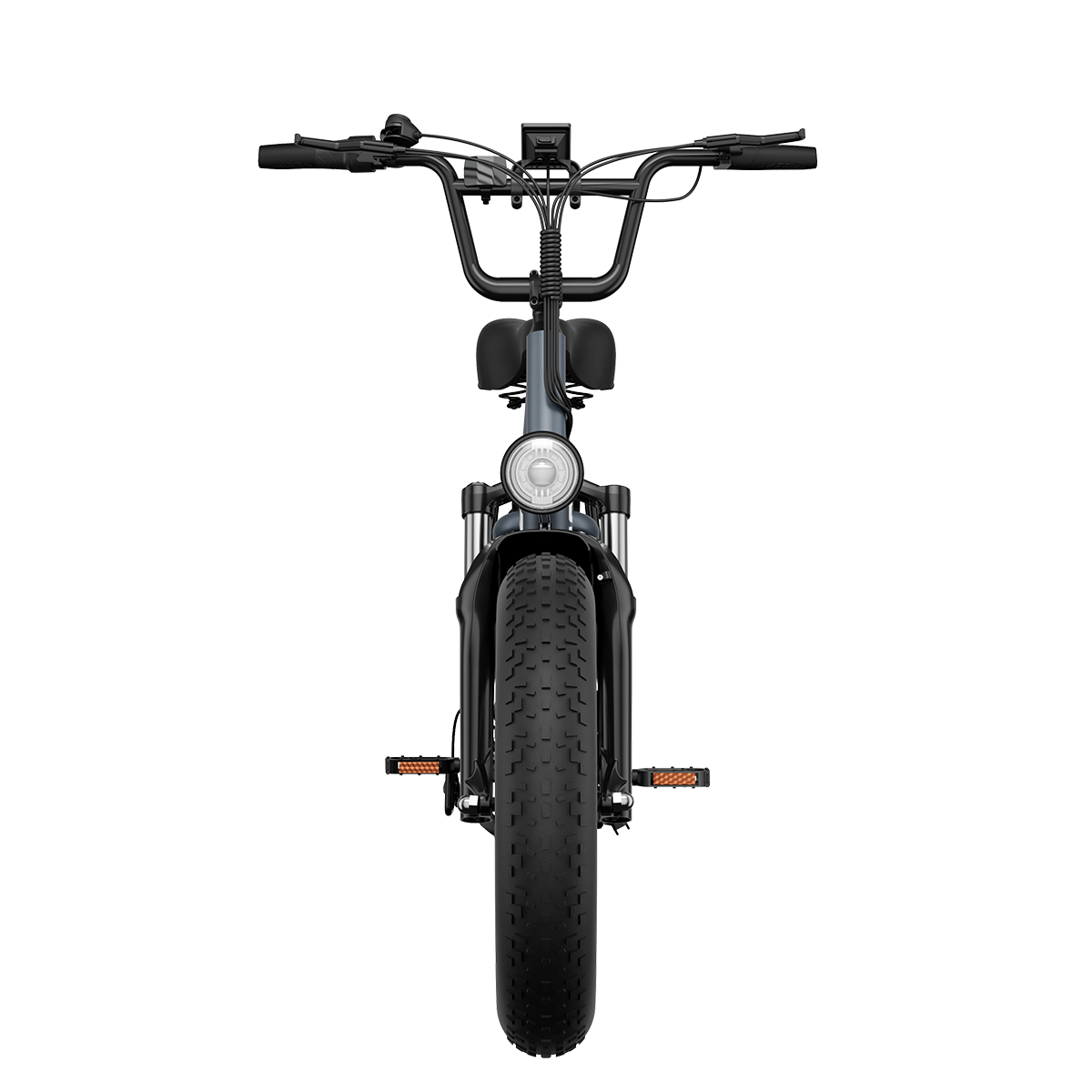 Szary e-bike z grubymi oponami, kierownicą i reflektorem z przodu.