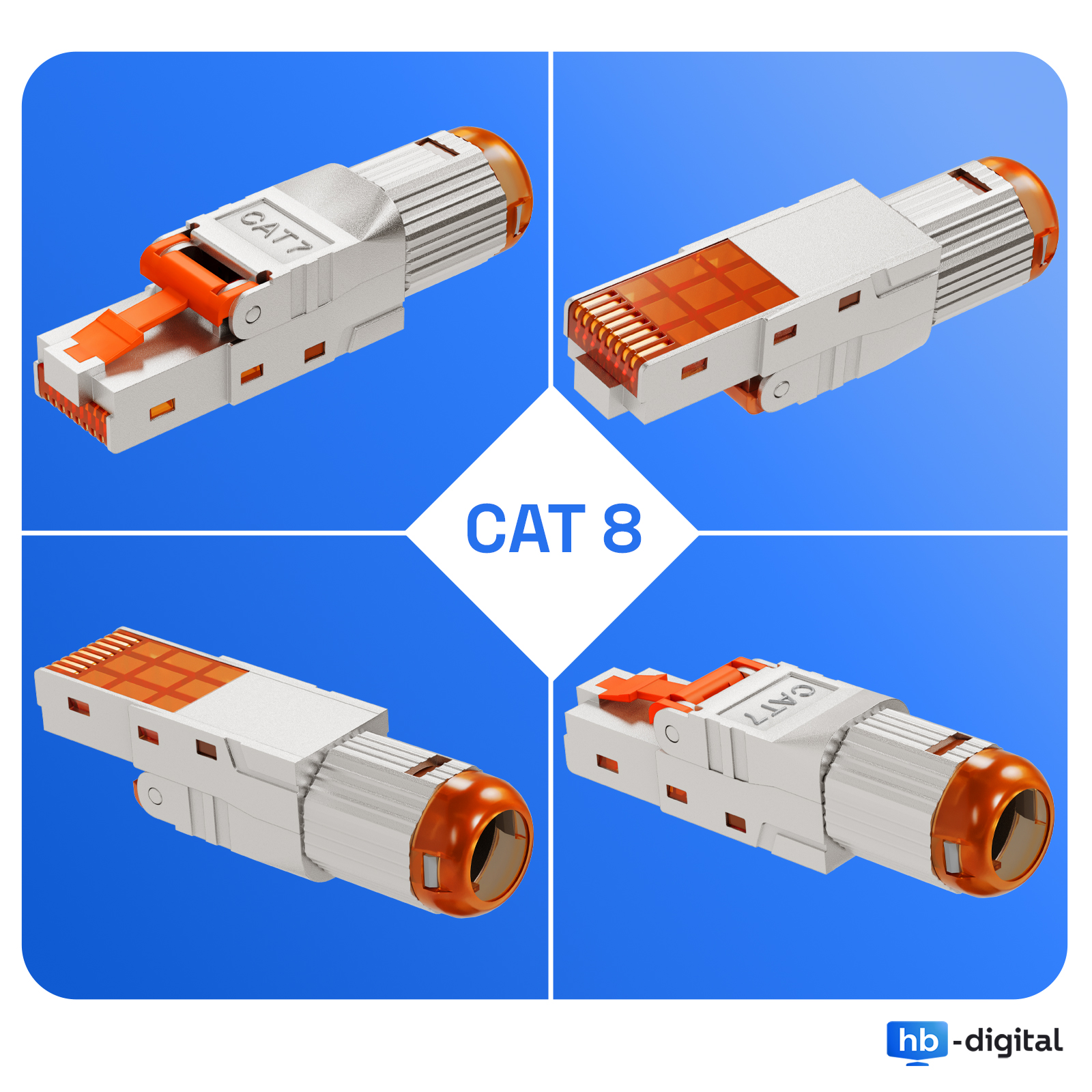 Vier Nahaufnahmen eines silbernen und orangen CAT 8 Ethernet-Steckers auf blauem Hintergrund.