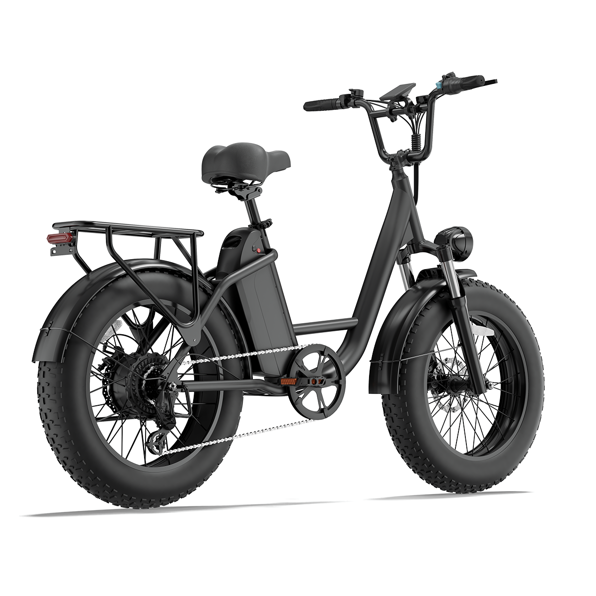 Czarny rower elektryczny fatbike z bagażnikiem, niską ramą i amortyzacją.