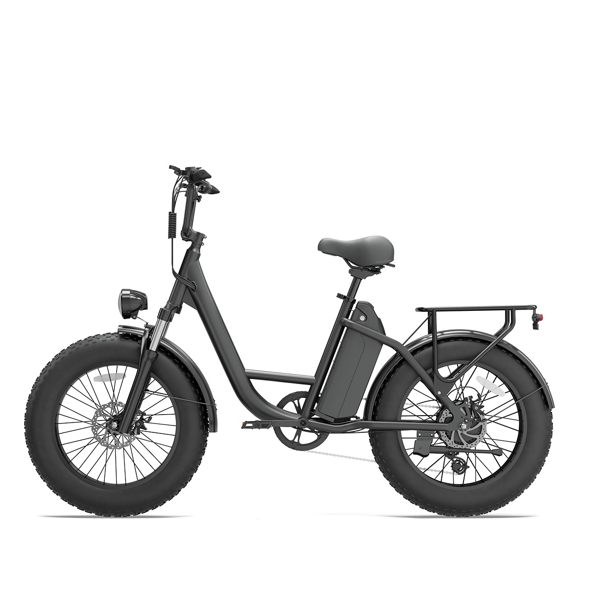 Czarny rower elektryczny z grubymi oponami, bagażnikiem i baterią.