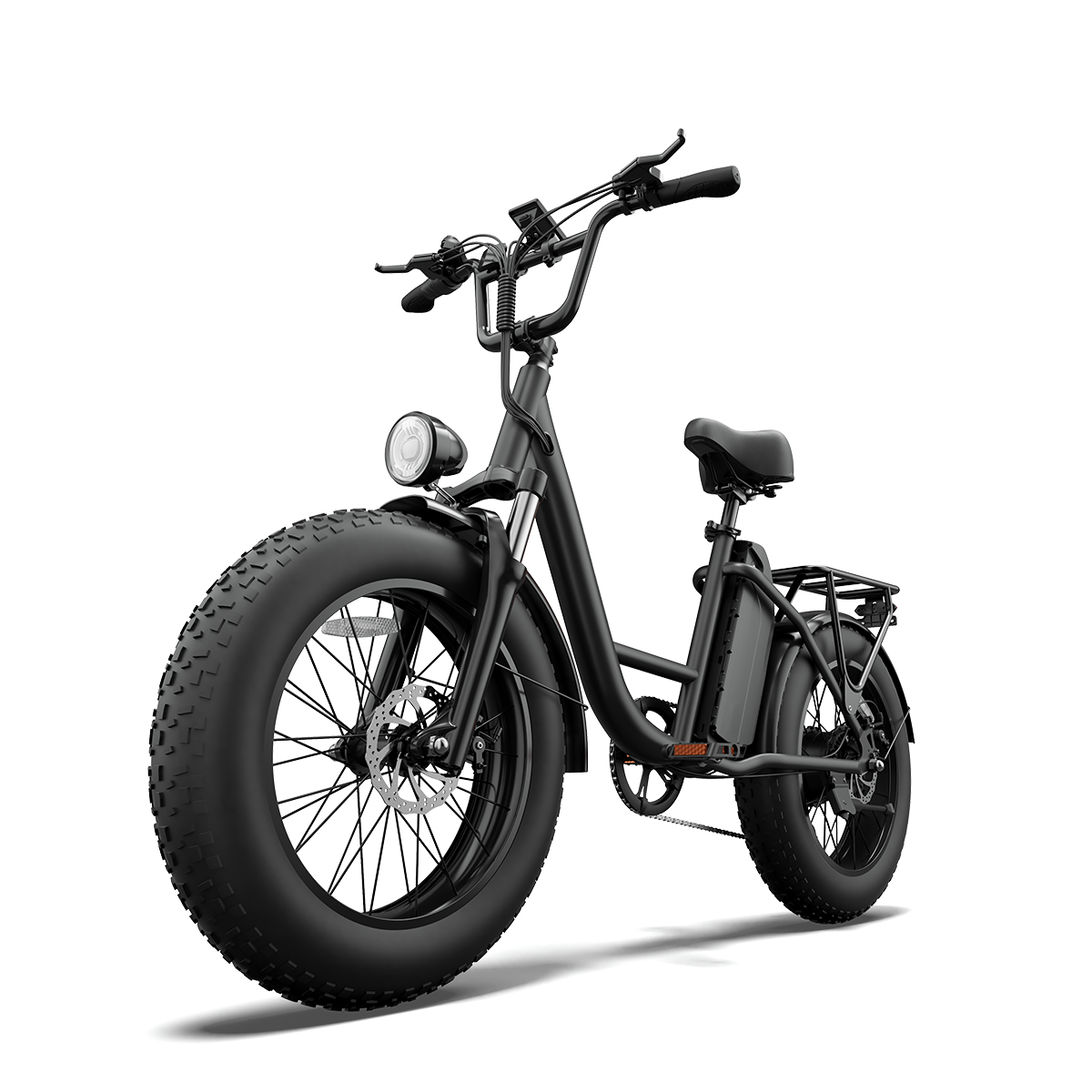 Czarny rower elektryczny typu fat bike z lampką i bagażnikiem.