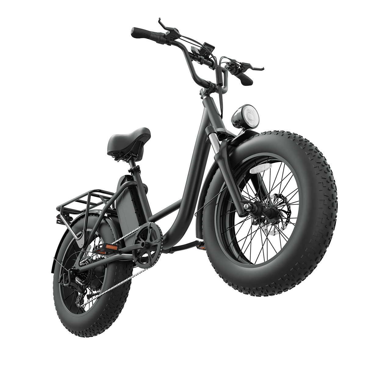 Czarny rower typu fatbike z grubymi oponami, przednim światłem i bagażnikiem.