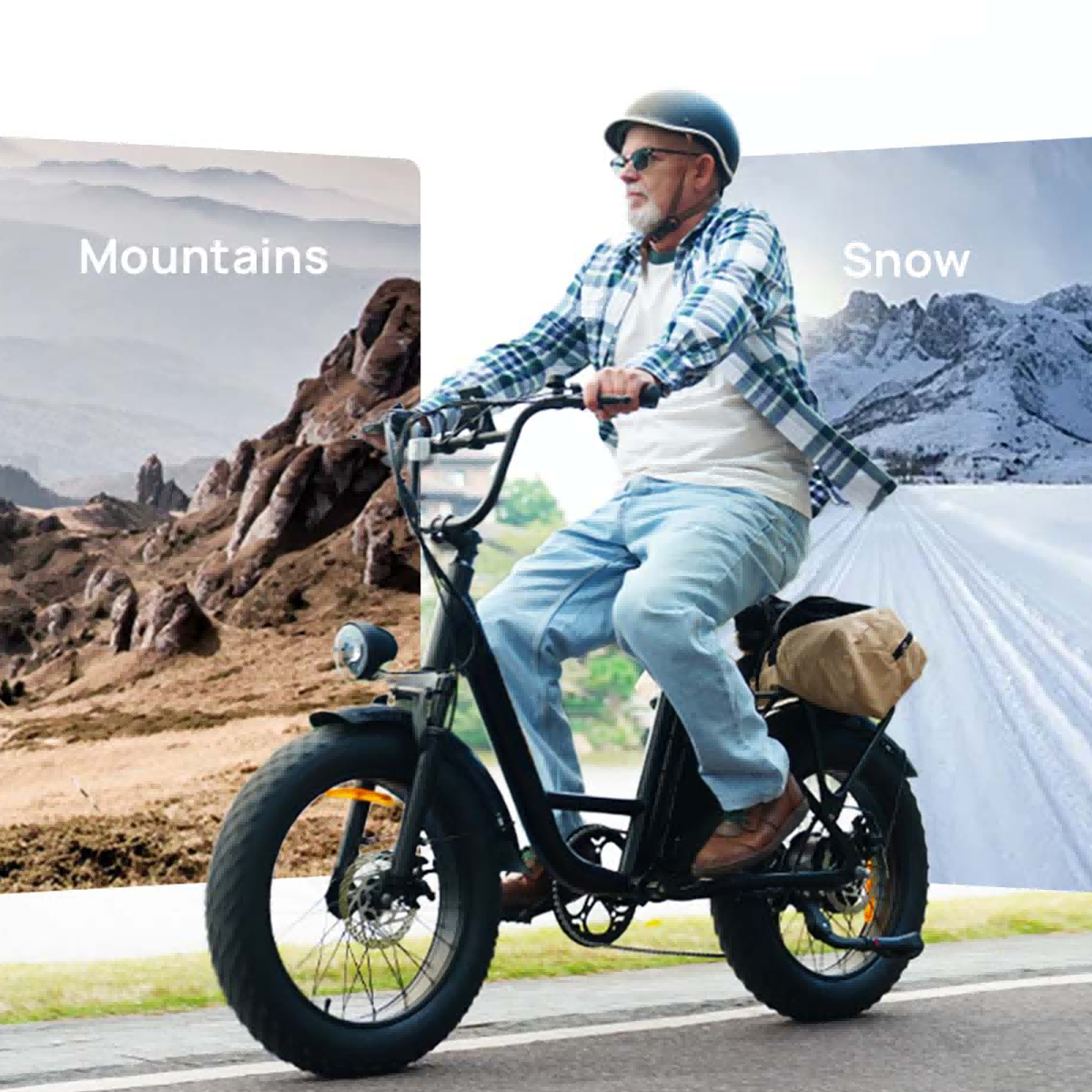 Mężczyzna na rowerze elektrycznym przed górami i śniegiem.