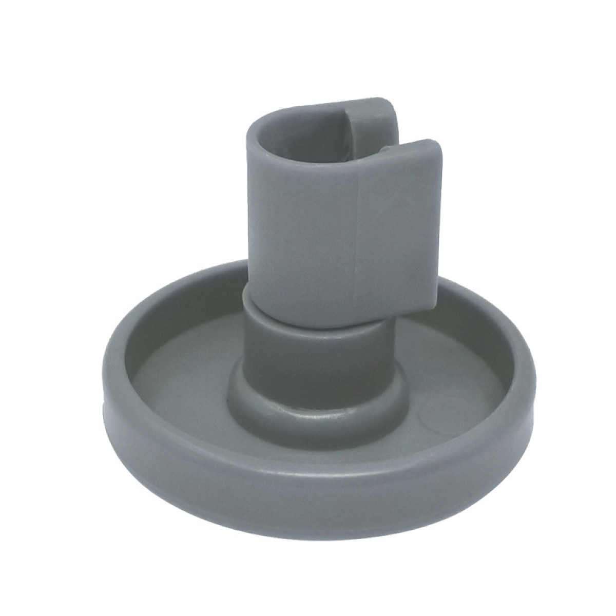 Szary plastikowy uchwyt ramienia spryskiwacza z okrągłą podstawą i pionową szczeliną.