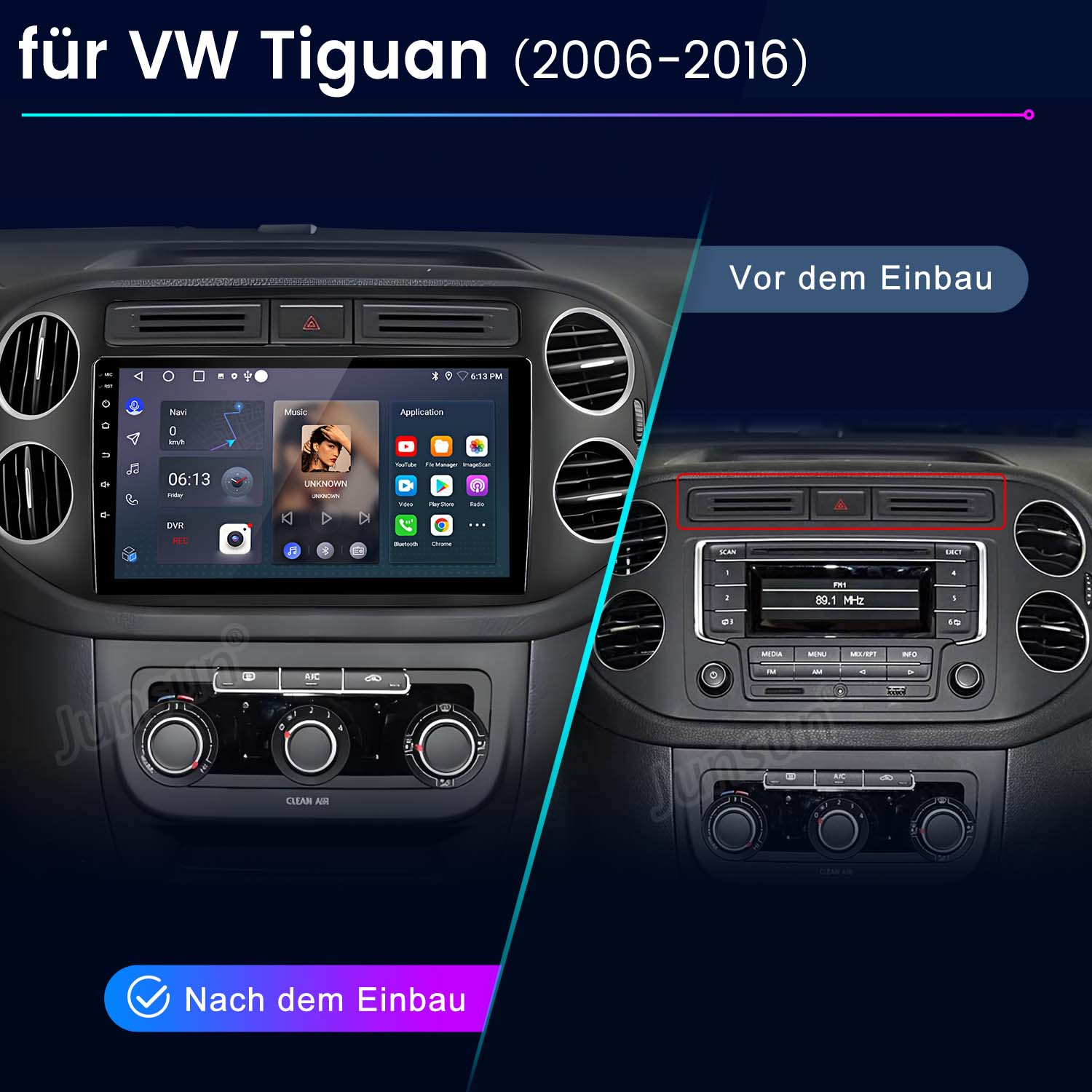 VW Tiguan 2006-2016: Vor und nach dem Einbau eines Infotainmentsystems.