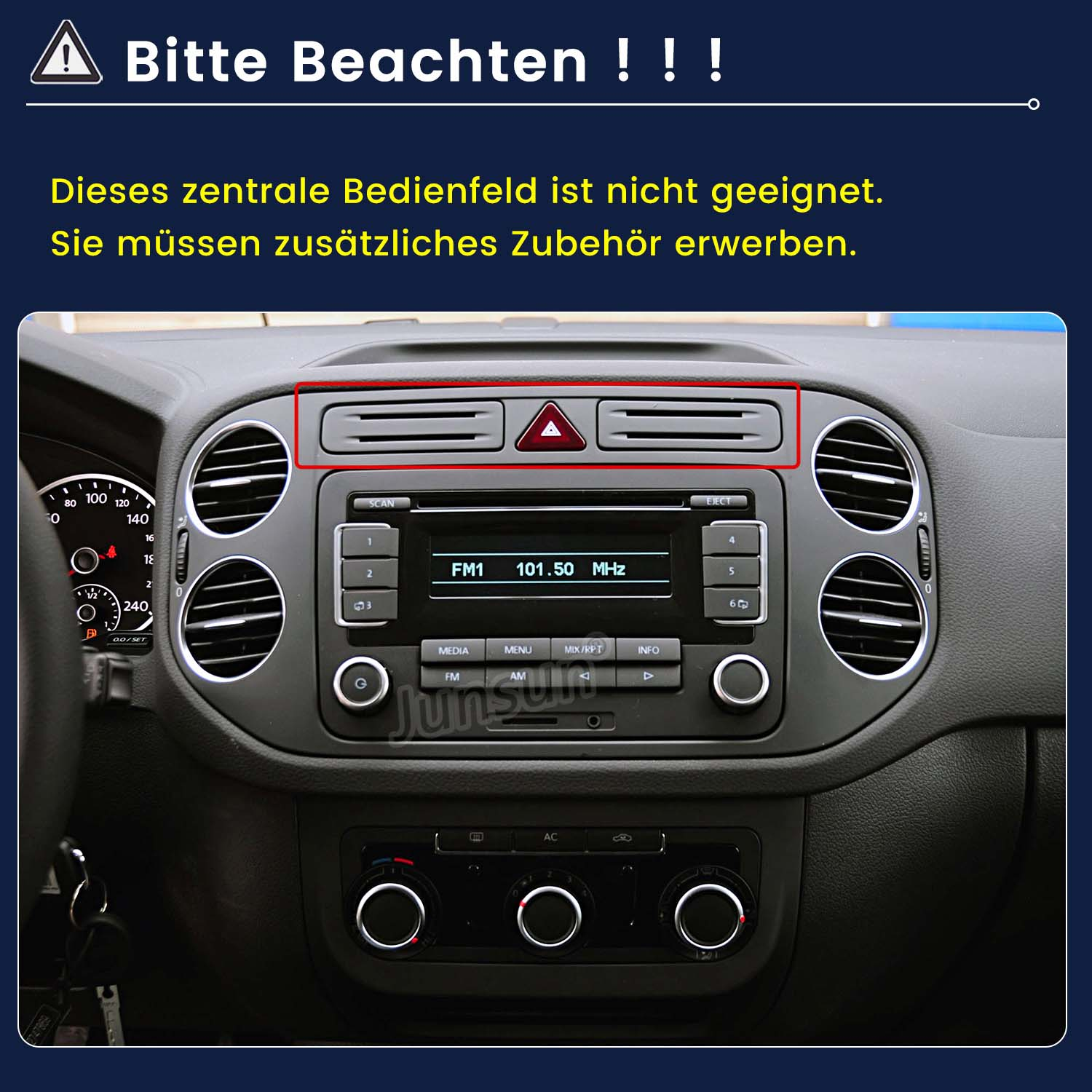 Auto-Armaturenbrett mit Radio, Lüftung und Warnblinkschalter.