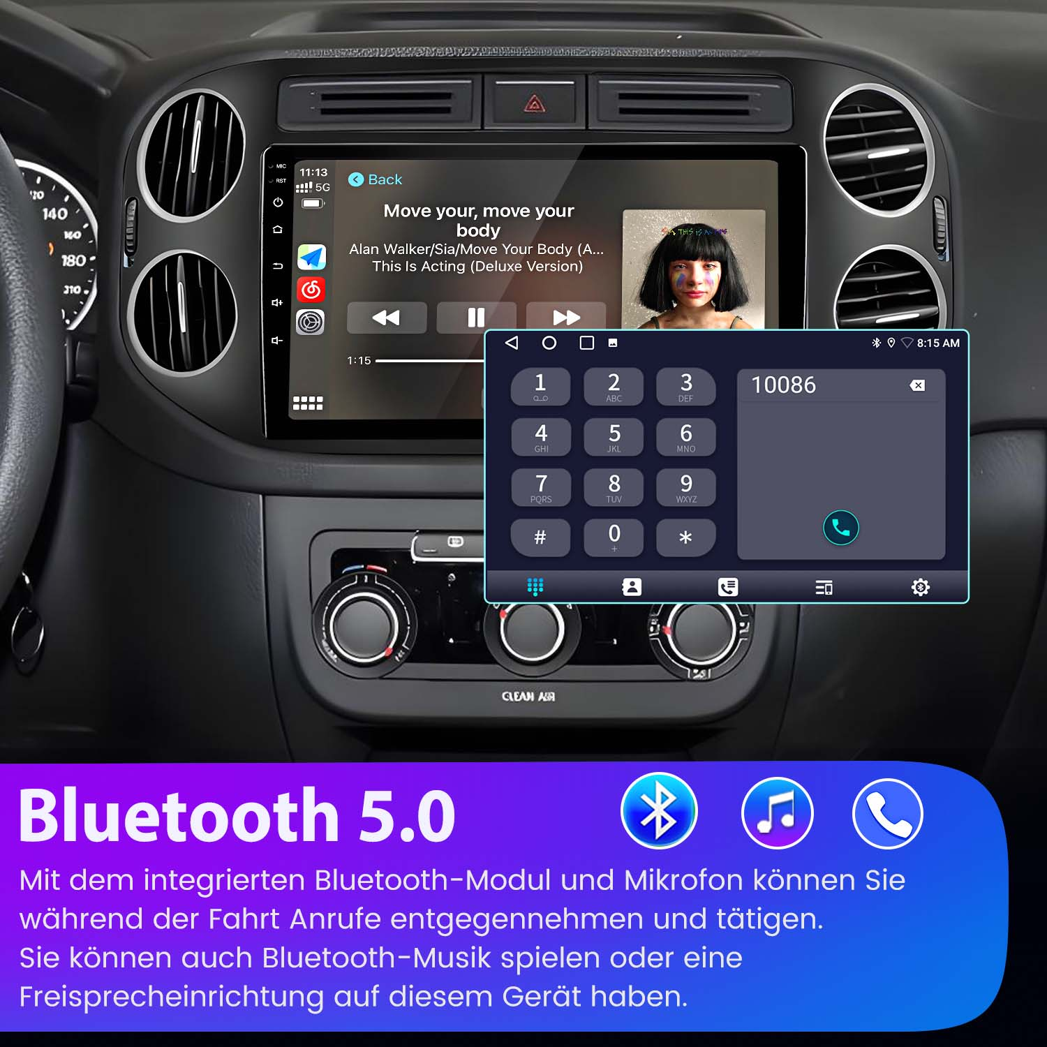 Auto-Infotainmentsystem mit Telefon-Tastatur und Songanzeige.