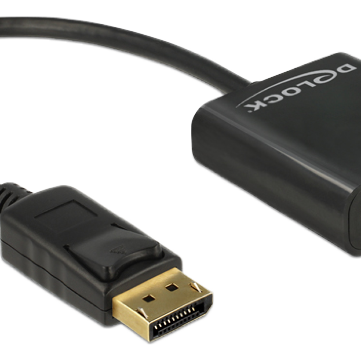 Schwarzes DisplayPort-Kabel mit vergoldetem Stecker und Adapter.