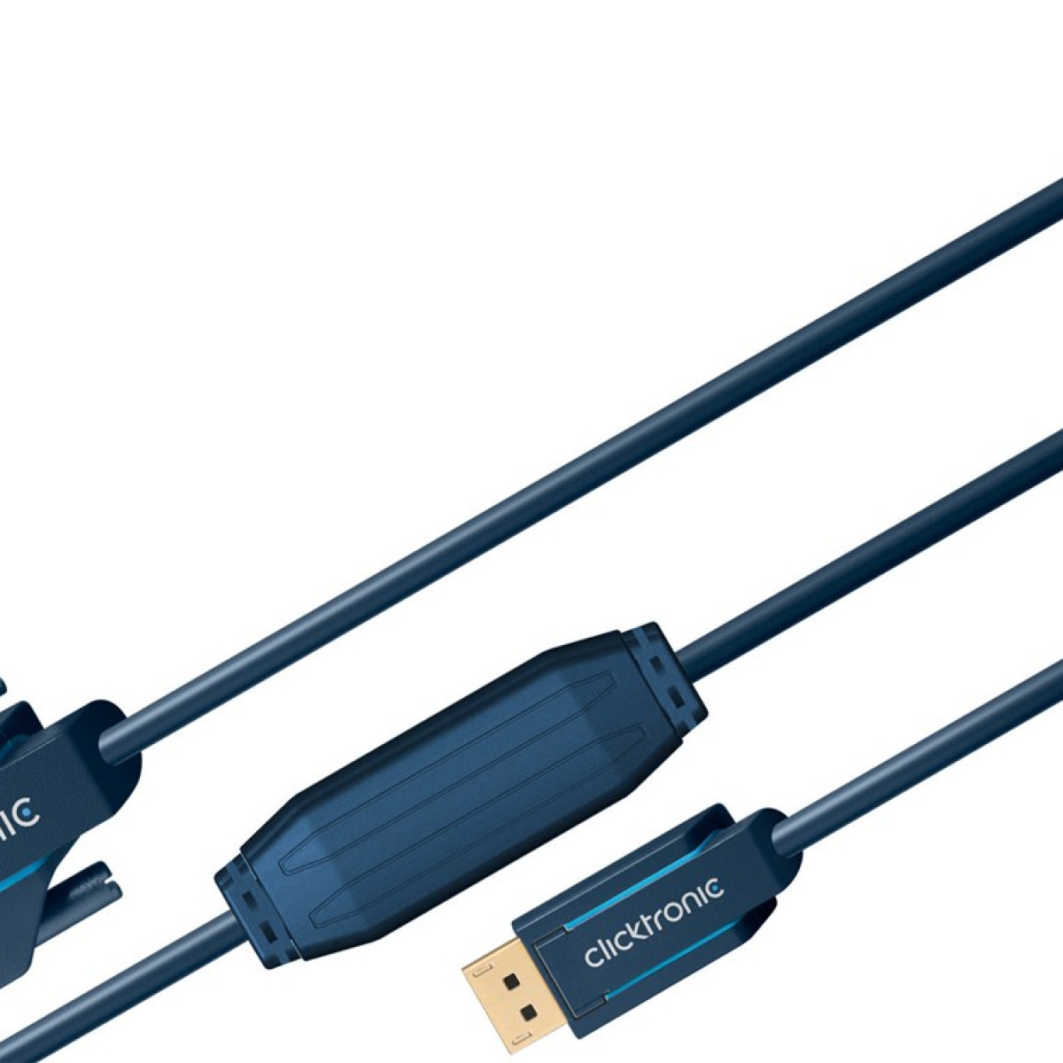 Tre cavi blu scuro con connettori neri, un connettore USB.