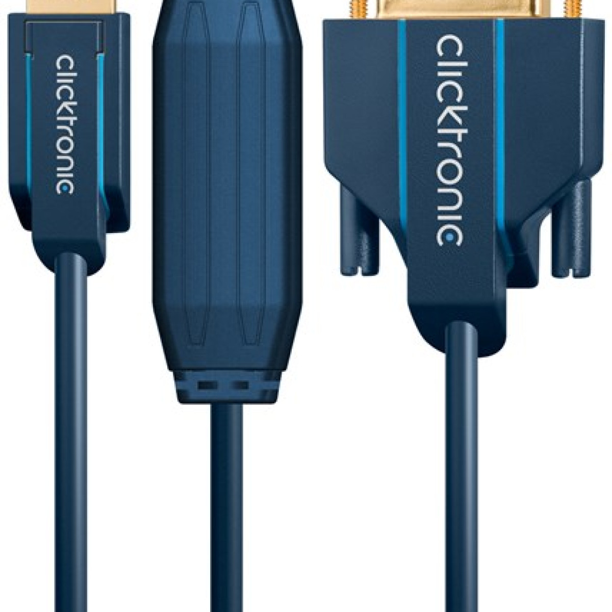 Tre cavi blu con connettori HDMI, DVI e VGA, con logo aziendale.