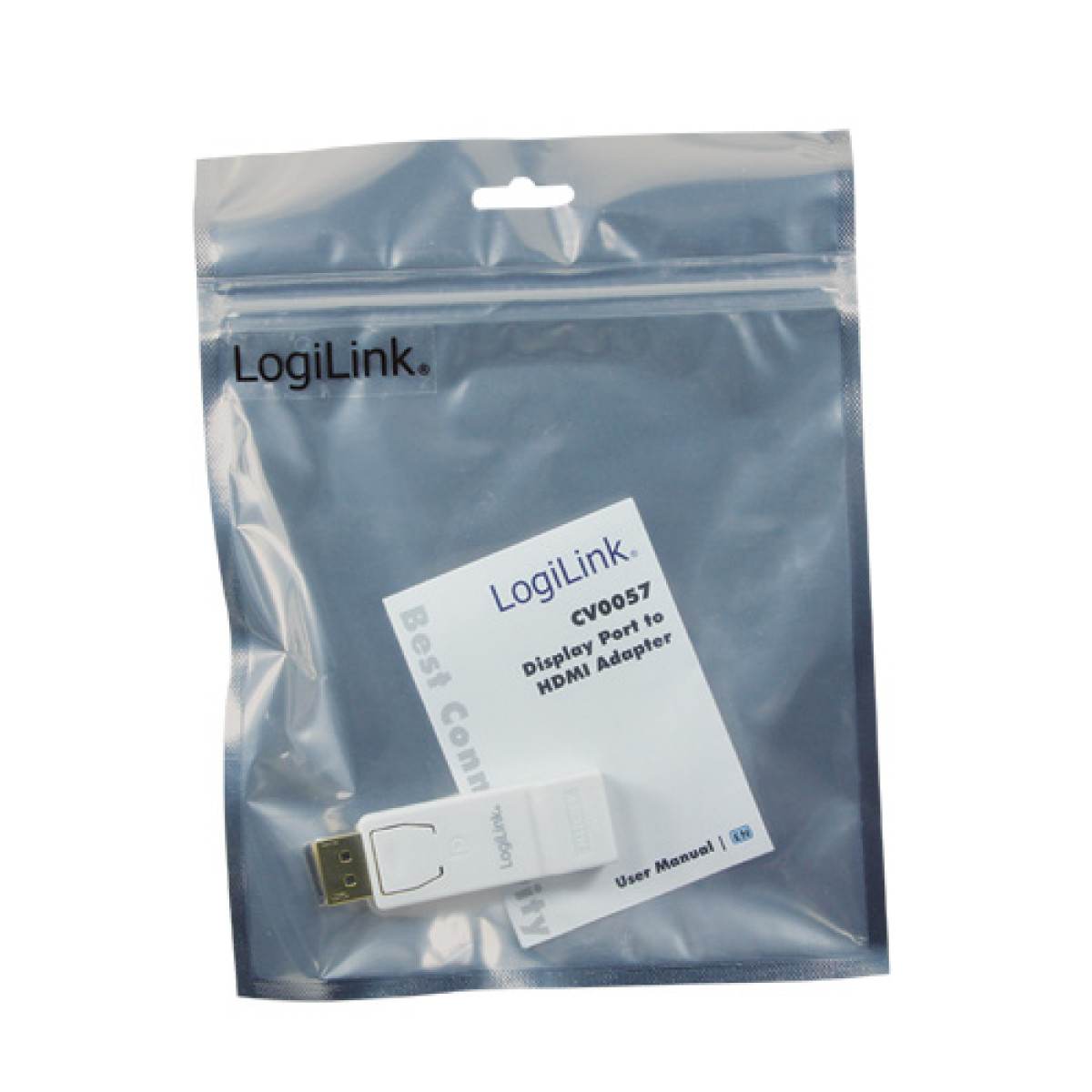 Un adaptateur blanc DisplayPort vers HDMI avec logo LogiLink dans un sac en plastique.