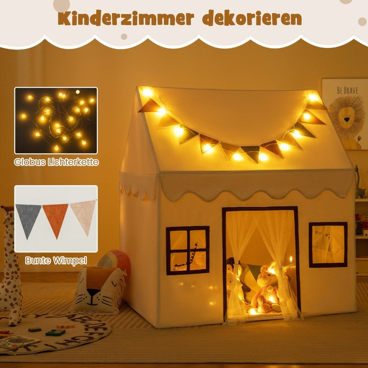Una tienda infantil decorada con luces y guirnaldas para una sala de juegos.