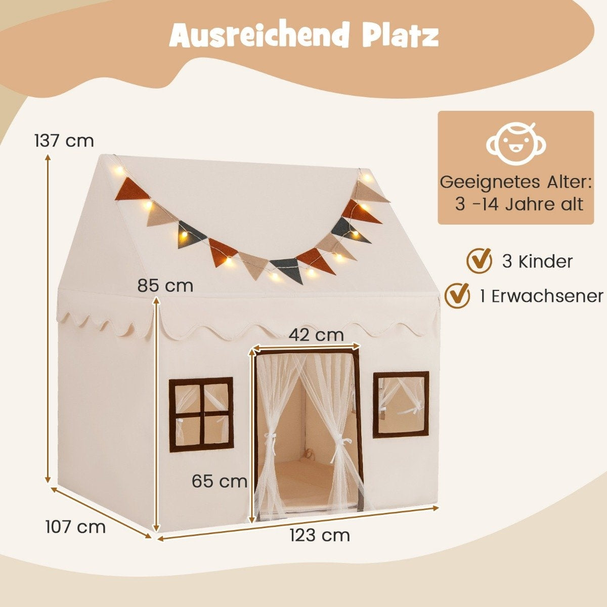 Una carpa de juego blanca con dimensiones, decoración y recomendación de edad.