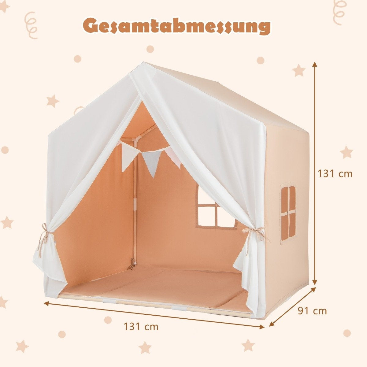 Una carpa marrón claro con forma de casa, cortinas blancas y medidas.