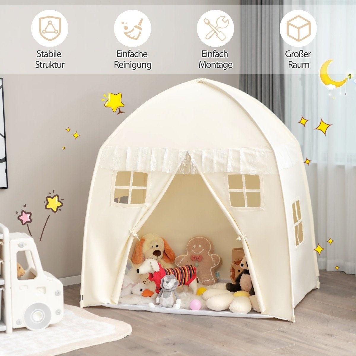 Una tienda de campaña beige con ventanas, llena de peluches y juguetes.