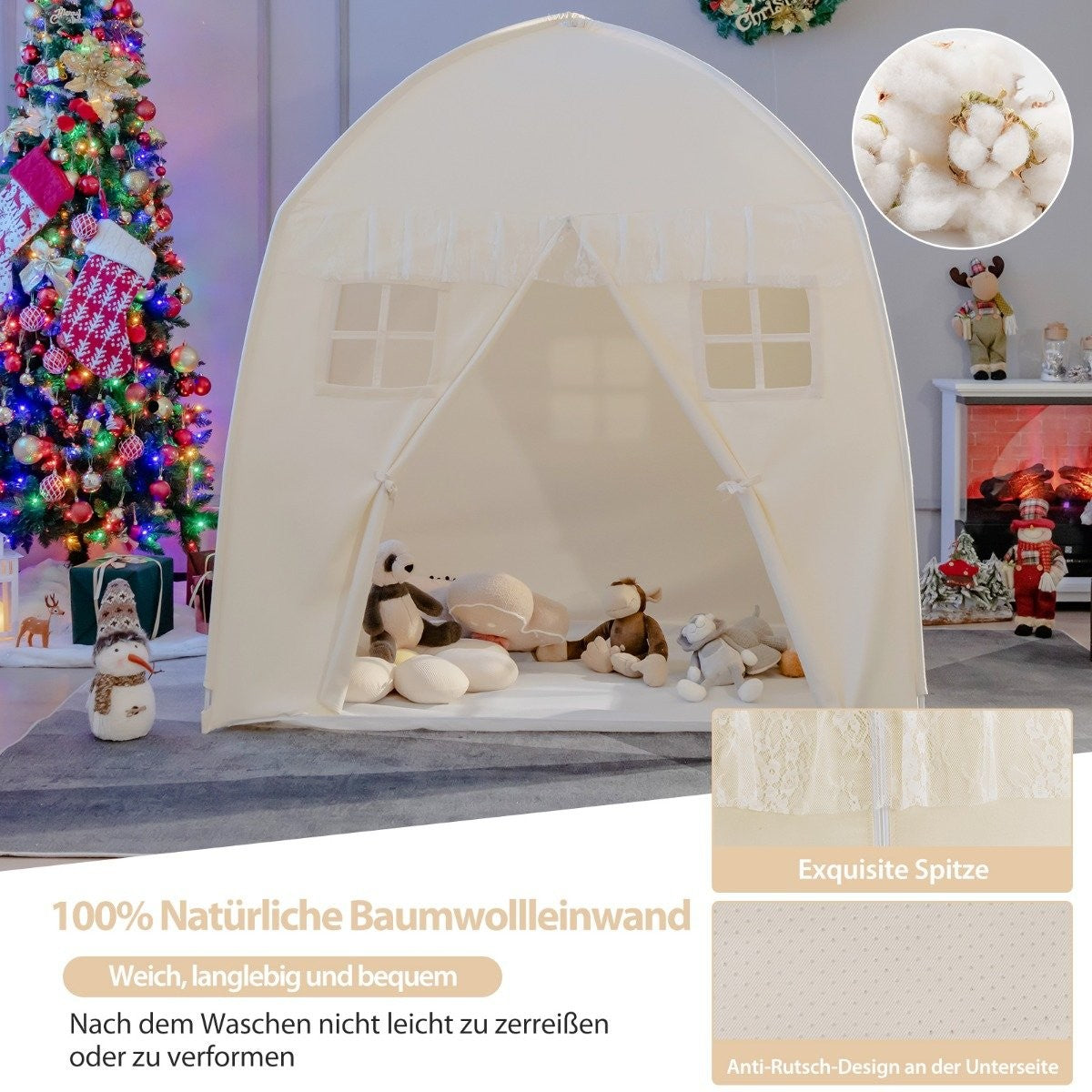 Una carpa de juegos blanca con peluches y decoración navideña, algodón y encaje.