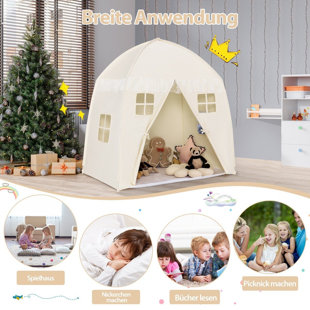 Una carpa de juego color crema con ventanas está al lado de un árbol de Navidad. Abajo hay pequeñas escenas de niños jugando, durmiendo y leyendo.