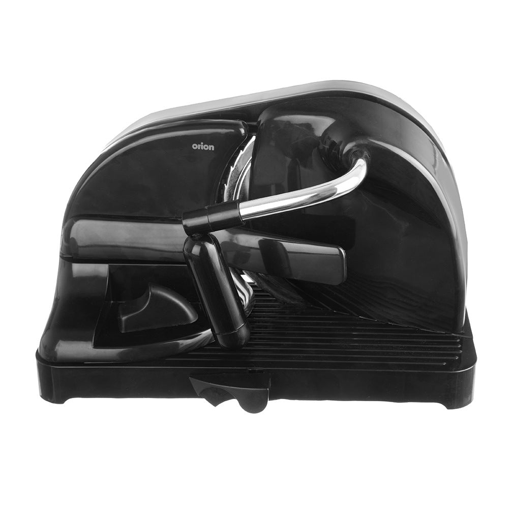 Rebanadora eléctrica negra con cuchilla y mango de metal.
