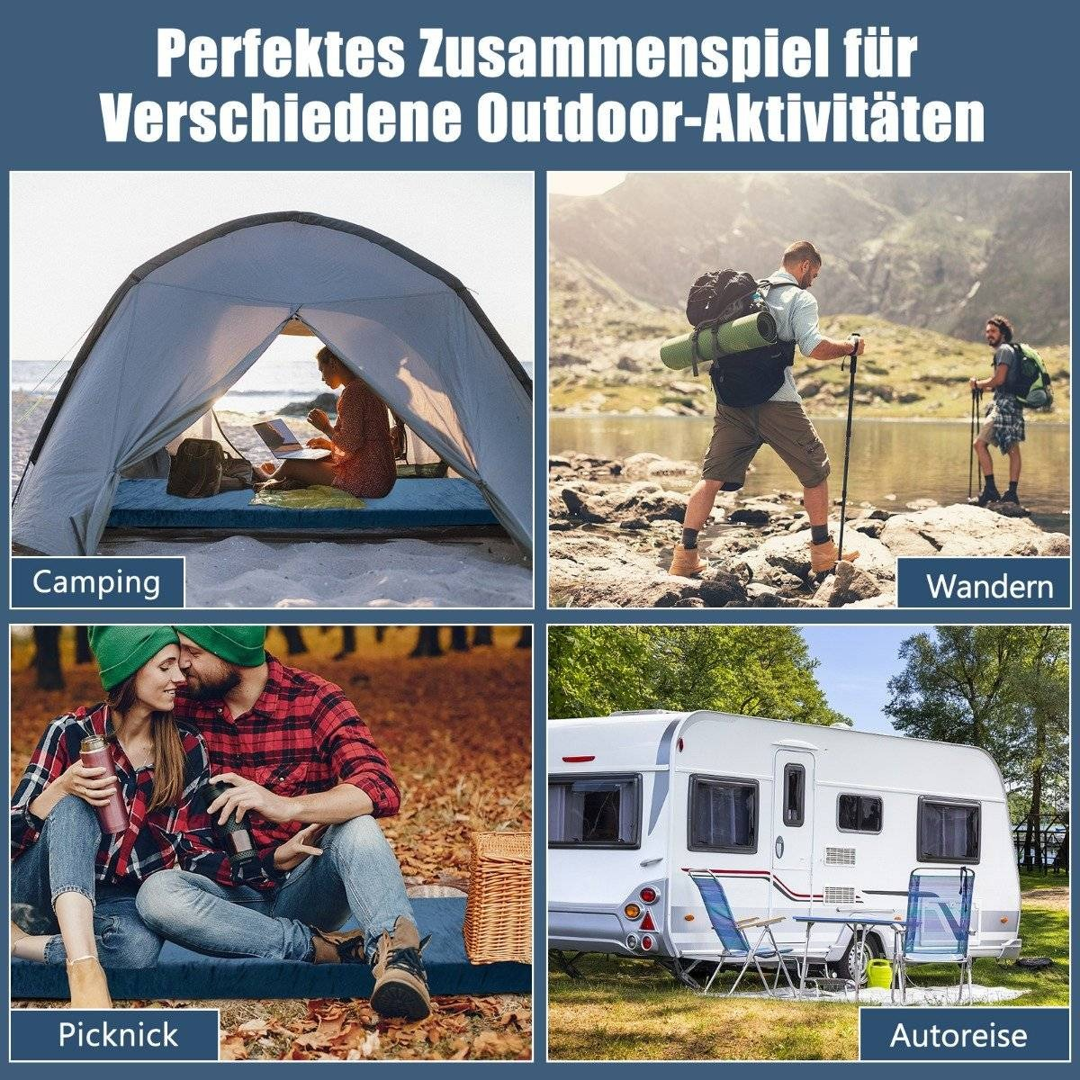 Cuatro escenas: camping, senderismo, picnic y viaje en RV.