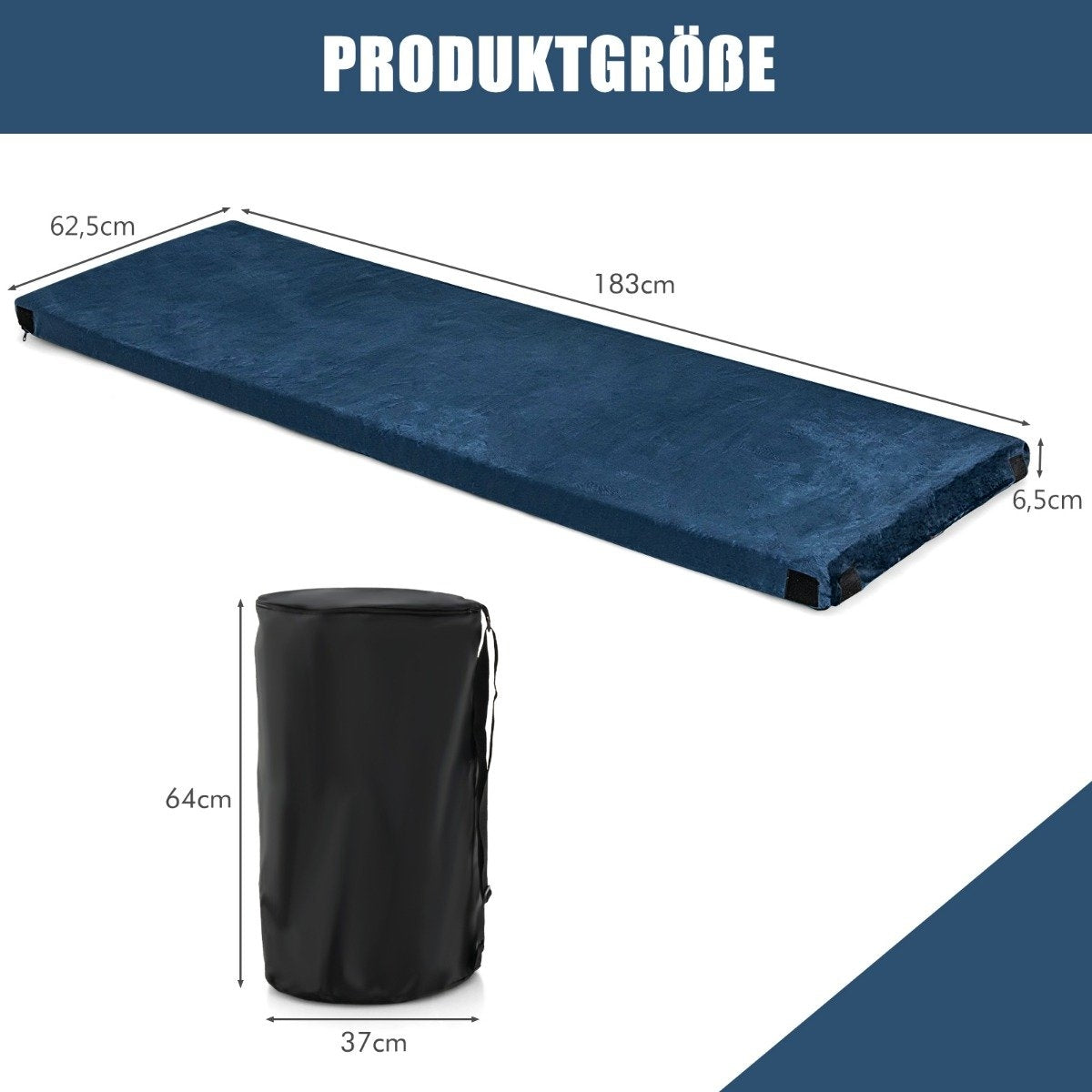 Colchón azul enrollado (183x62,5x6,5cm) junto a bolsa negra (64x37cm).