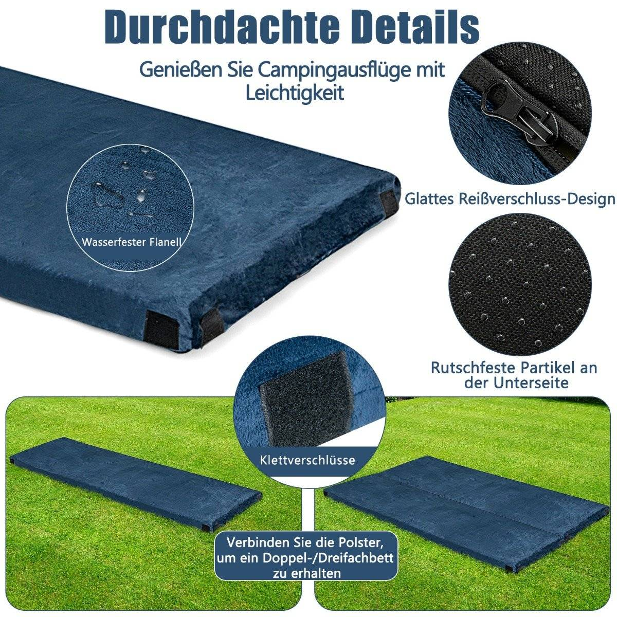 Colchoneta de camping azul con cremallera, velcro y partículas antideslizantes.