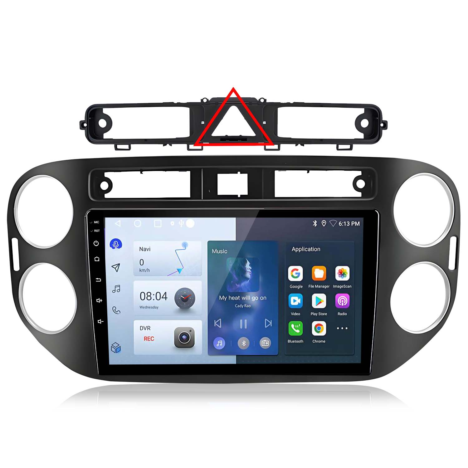 Ein schwarzes Autoradio mit Touchscreen zeigt Navigation, Uhrzeit und Apps an.