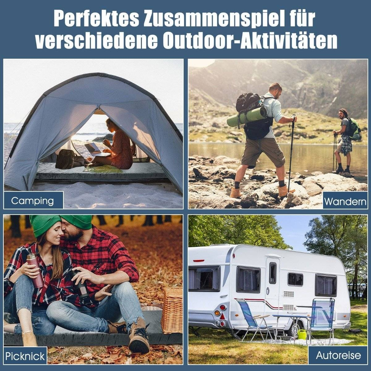 Cuatro escenas: camping, senderismo, picnic, viaje por carretera.